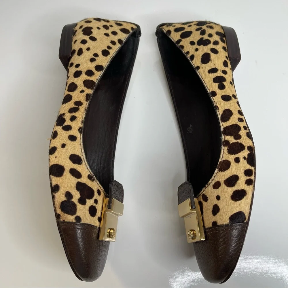 Tory Burch Priscilla Ballet Hair Calf Tumbled Leather Flat Cheetah Coconut Sz 8